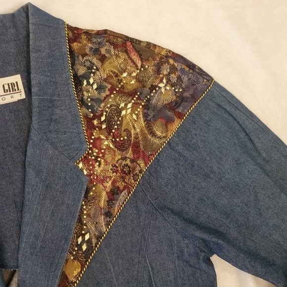 Vintage 80s 90s Denim Jean Western Studded Jacket Gold Floral Shoulders - Picture 3 of 8
